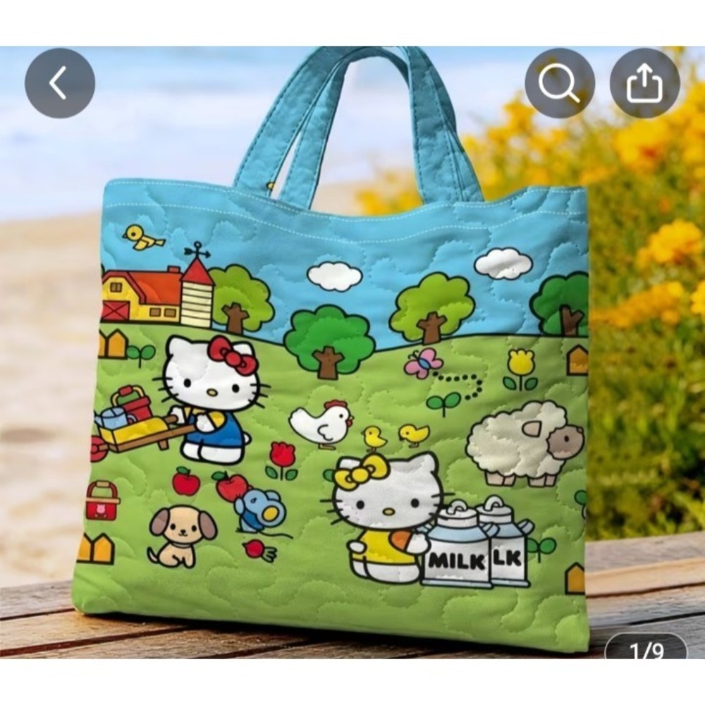 Sanrio Hello Kitty Quilted Farm Scene Tote‎ Bag Blue Green Kawaii Handbag